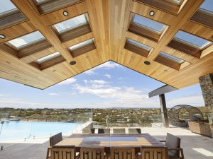 skylights in patio area with timber ceiling and pool in wellington